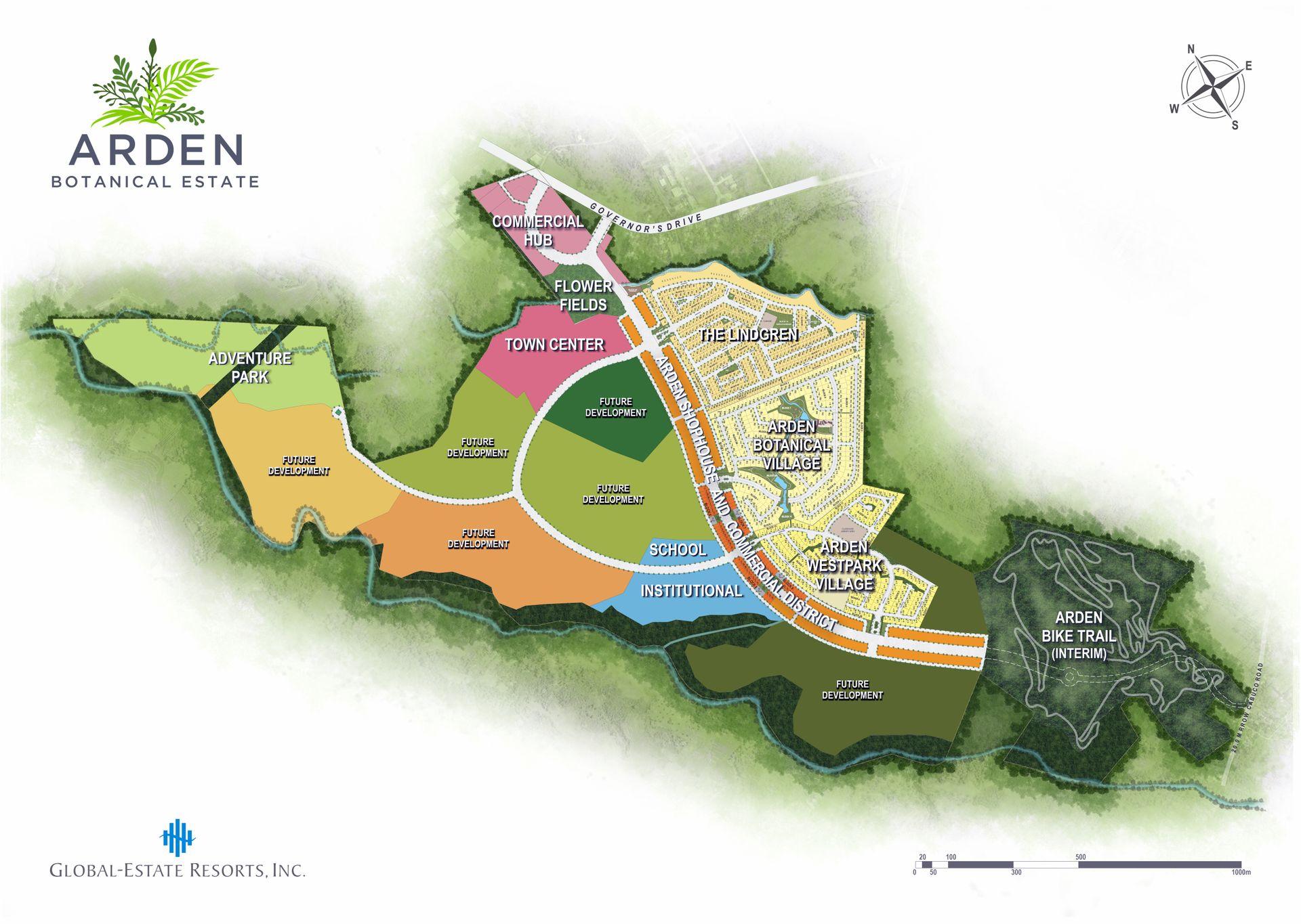 Illustrated map of Arden Botanical Estate with labeled areas for development, park, and village zones.